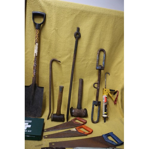 31 - Bundle of Tools Including Saws, First Aid Kit, Crow Bars etc