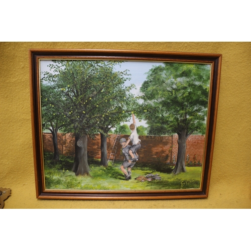 168 - Oil On Canvas of School Boys Picking Apples, Signed Gargett RH80. 56.5cm X 47cm