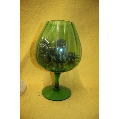 228 - Ships Decanter 27.5cm, Green Brandy glass with Pine Cones 28cm