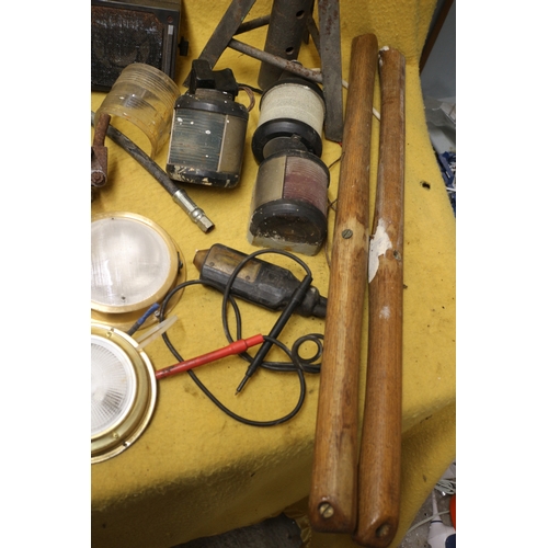 89 - Large Bundle of Boat Parts Including Lights, Pulleys, Rope Ties, Oil Can etc