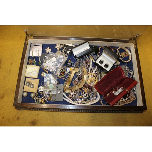 45 - Table Top Display Case with Large Bundle of Costume Jewellery Including New Items, 47cm wide