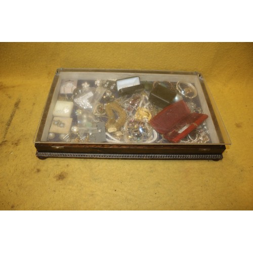 45 - Table Top Display Case with Large Bundle of Costume Jewellery Including New Items, 47cm wide