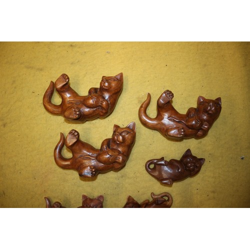 58 - 6x Carved Wooden Cat Figurines, Largest is 15cm