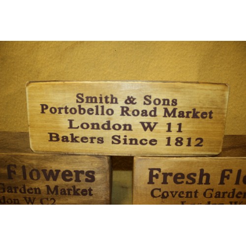 63 - Vintage Style Wooden Boxes 'Fresh Flowers Covent Garden Market London wc2' & 'Smith & Sons Portobell... 