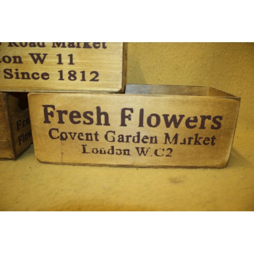 63 - Vintage Style Wooden Boxes 'Fresh Flowers Covent Garden Market London wc2' & 'Smith & Sons Portobell... 