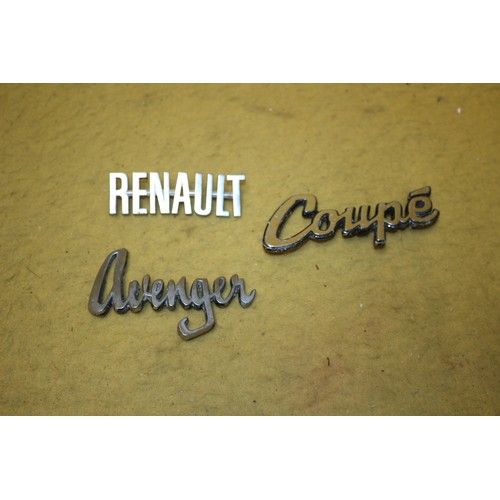 132 - 3 Vintage Metal Car Badges Including Renault, Avengar and Coupe, Plus Wade Plate