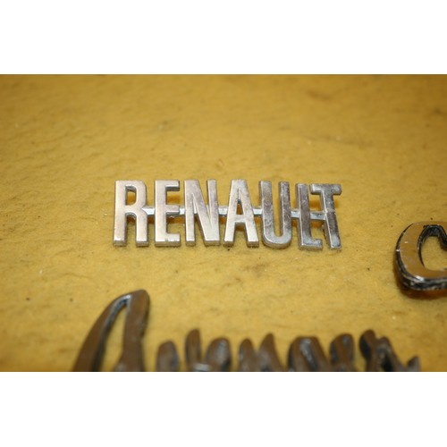 132 - 3 Vintage Metal Car Badges Including Renault, Avengar and Coupe, Plus Wade Plate