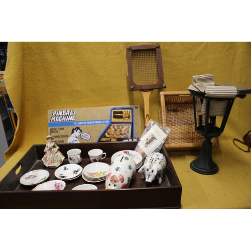 403 - Mixed lot including large wooden tray, piggy banks and assorted China