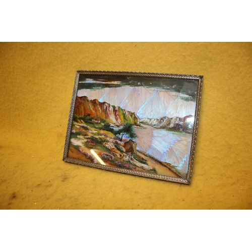 387 - Mid Century Butterfly Wing Picture on Standing Frame and Glazed, Depicting The Gallanach Road, Oban ... 