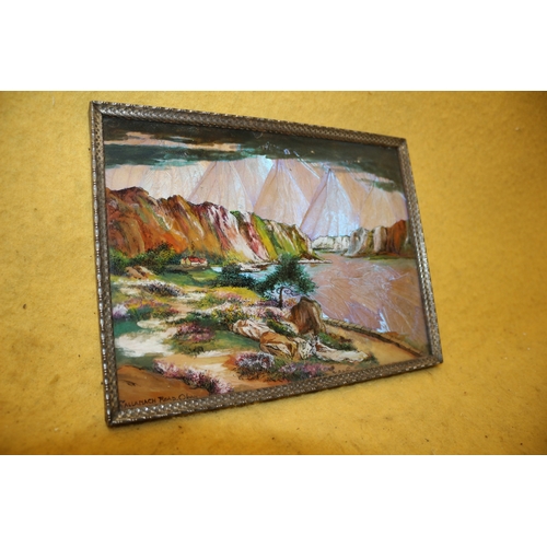 387 - Mid Century Butterfly Wing Picture on Standing Frame and Glazed, Depicting The Gallanach Road, Oban ... 