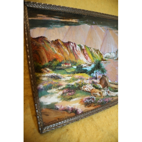 387 - Mid Century Butterfly Wing Picture on Standing Frame and Glazed, Depicting The Gallanach Road, Oban ... 