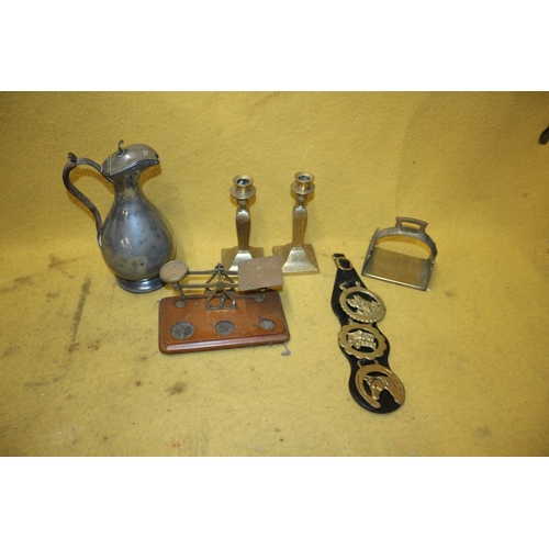 391 - Mixed Selection of Metal Items including a Pair of Candlesticks and a Pair of Scales