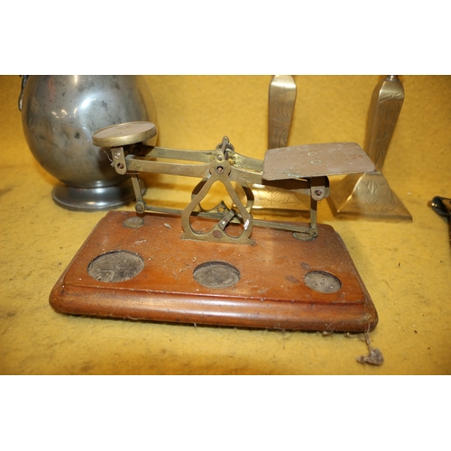 391 - Mixed Selection of Metal Items including a Pair of Candlesticks and a Pair of Scales