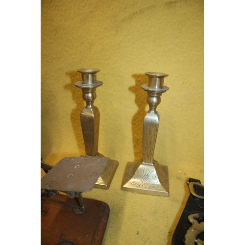 391 - Mixed Selection of Metal Items including a Pair of Candlesticks and a Pair of Scales