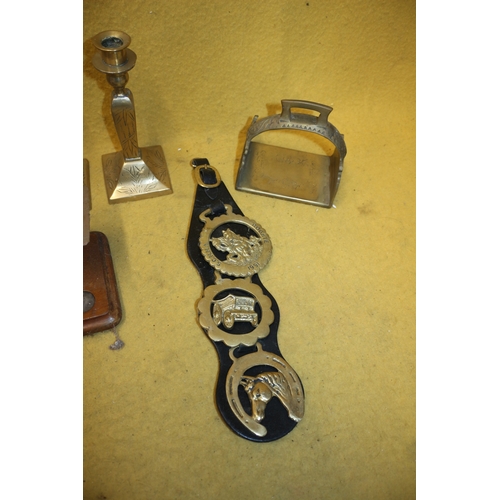 391 - Mixed Selection of Metal Items including a Pair of Candlesticks and a Pair of Scales