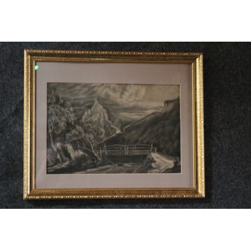 83 - Charcoal of Mountain/Bridge Scene, 31 x 38 cm