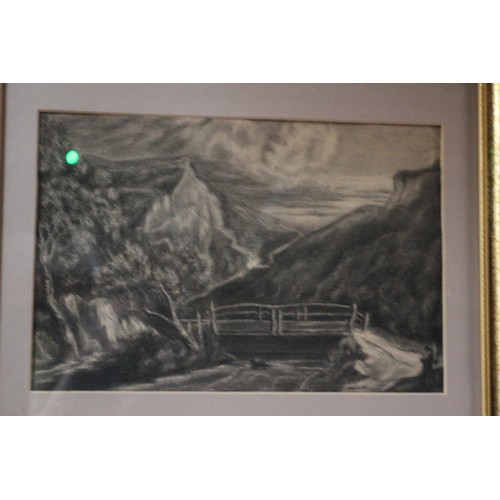 83 - Charcoal of Mountain/Bridge Scene, 31 x 38 cm