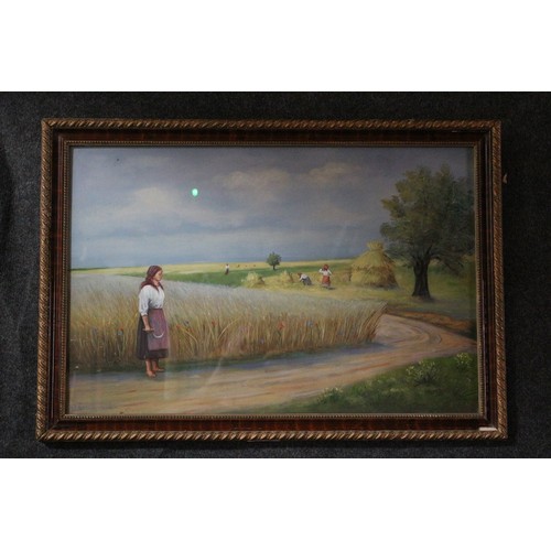 105 - Oil On Board, Signed Picture of a Hay Scene, 46 x 66 cm