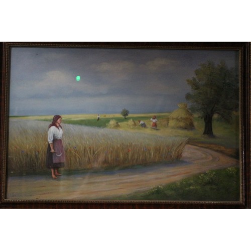 105 - Oil On Board, Signed Picture of a Hay Scene, 46 x 66 cm