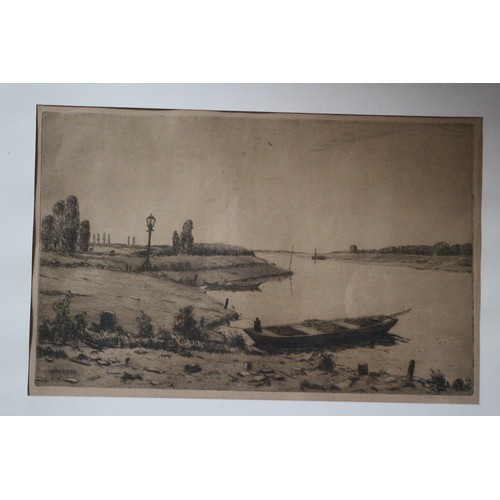 125 - Boat on the River & Lamp Posts Etching, 48 x 61 cm