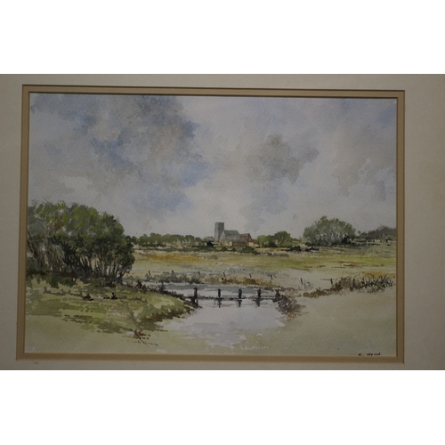 349 - Watercolour Signed E Wynn Scene River, Church etc , 53 x 43 cm