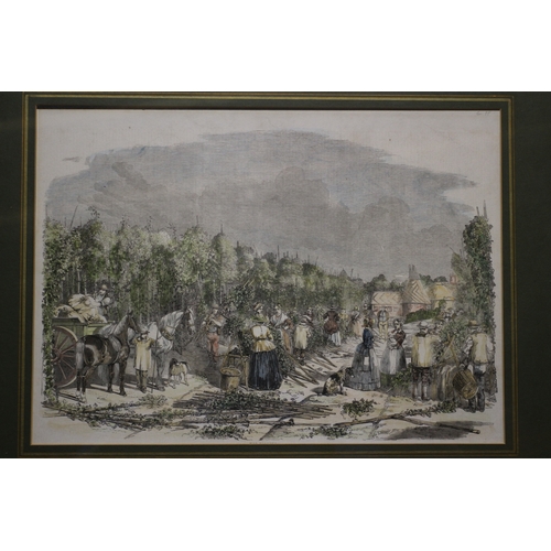 386 - Hand Coloured Etching of Hop Pickers, 50 x 40 cm