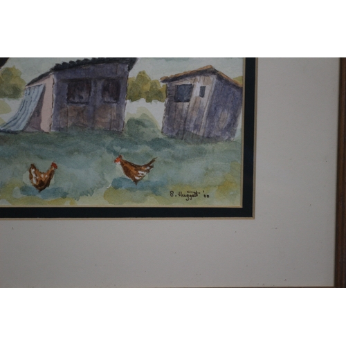 389 - Watercolour by S Huggett, Chicken Run, 43 x 33 cm