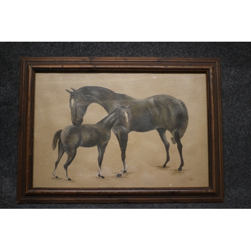 407 - Painting on Leather of Horses, 59 x 52 cm