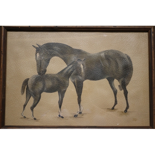 407 - Painting on Leather of Horses, 59 x 52 cm