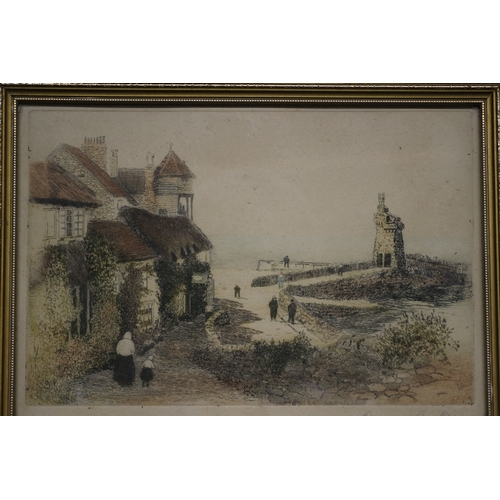 413 - Hand Coloured Etching of Sea Wall, Signed, 26 x 18 cm