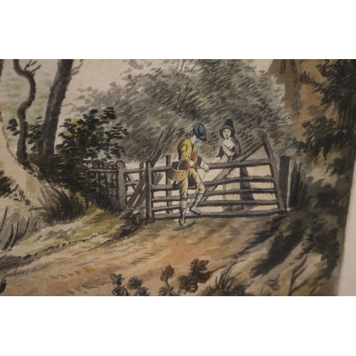 128 - Watercolour of People and a Horse Crossing a Bridge - 50 x 70cm