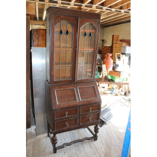 169 - Vintage Bureau with Leaded Light Windows to Front of Top Display Section Doors - 200cm Tall x 77cm W... 