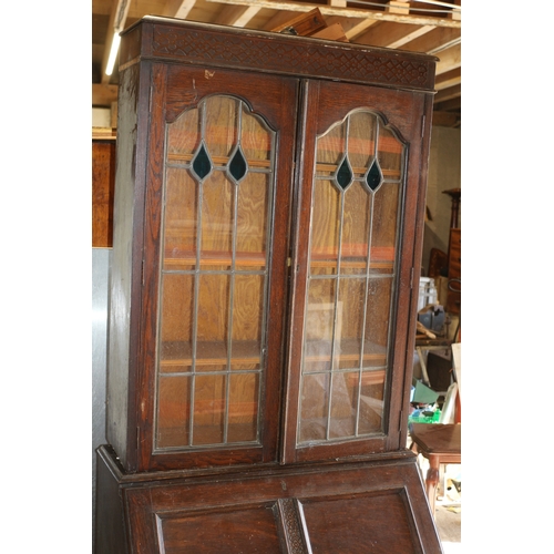 169 - Vintage Bureau with Leaded Light Windows to Front of Top Display Section Doors - 200cm Tall x 77cm W... 