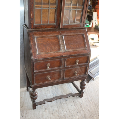 169 - Vintage Bureau with Leaded Light Windows to Front of Top Display Section Doors - 200cm Tall x 77cm W... 