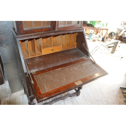 169 - Vintage Bureau with Leaded Light Windows to Front of Top Display Section Doors - 200cm Tall x 77cm W... 