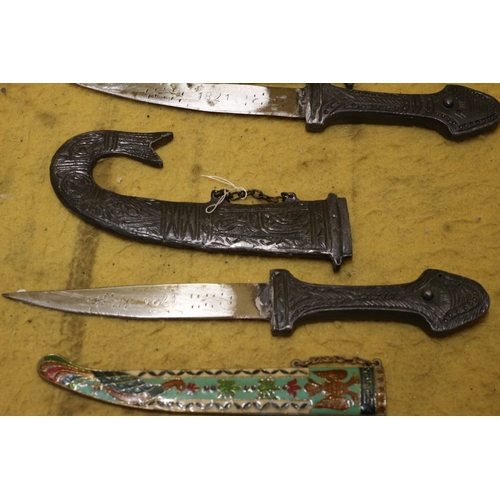 24 - 3 x Eastern Sheathed Blades / Daggers, one with enamelling?