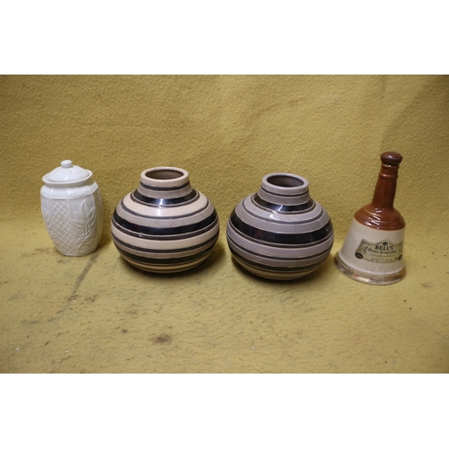 33 - Tall Neck Bells Decanter plus a Pair of Spiral Pattern Vases and a White Decorated Lidded Pot