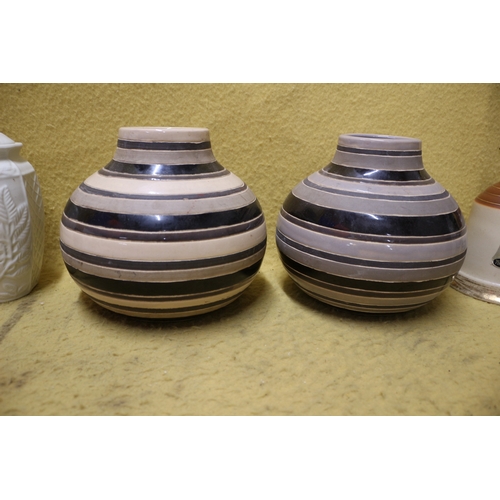 33 - Tall Neck Bells Decanter plus a Pair of Spiral Pattern Vases and a White Decorated Lidded Pot