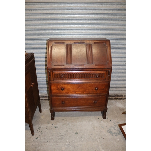 40 - Mid Century Priory Style Bureau with Leather On Pull Down Front - Pigeon Holes and 3 Drawers Below -... 