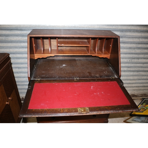 40 - Mid Century Priory Style Bureau with Leather On Pull Down Front - Pigeon Holes and 3 Drawers Below -... 