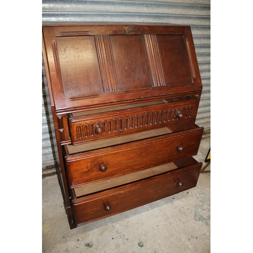 40 - Mid Century Priory Style Bureau with Leather On Pull Down Front - Pigeon Holes and 3 Drawers Below -... 