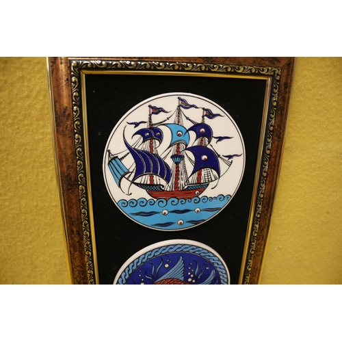 191 - 2 x Framed Pottery Tiles with Ship and Fish Scenes - 45 x 27cm