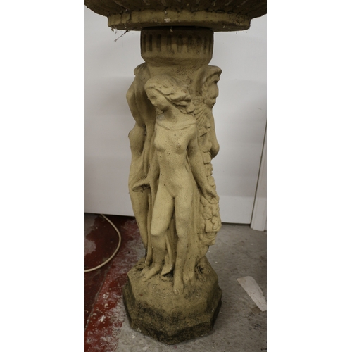 1 - Vintage Concrete Bird Bath with Sculptured Figures Down the Column - 82cm Tall