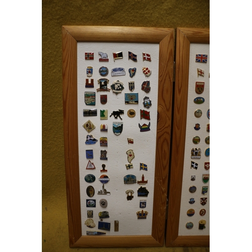 239 - Large Board with 2 Side Boards on Hinges Full of Pin Badges of Mixed Age and Locations