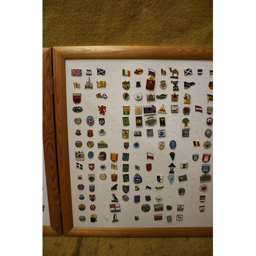 239 - Large Board with 2 Side Boards on Hinges Full of Pin Badges of Mixed Age and Locations