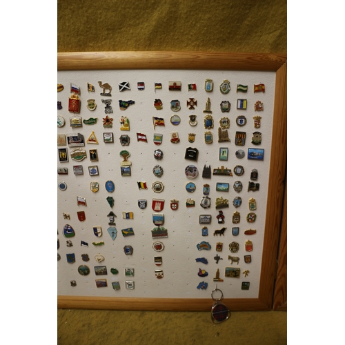 239 - Large Board with 2 Side Boards on Hinges Full of Pin Badges of Mixed Age and Locations