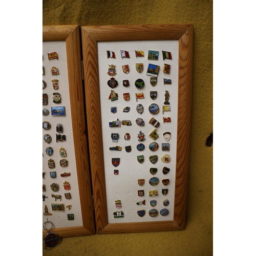 239 - Large Board with 2 Side Boards on Hinges Full of Pin Badges of Mixed Age and Locations