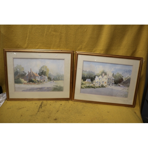 526 - 2 x Watercolours of Village Scenes by Patricia Hollands - 68 x 54cm