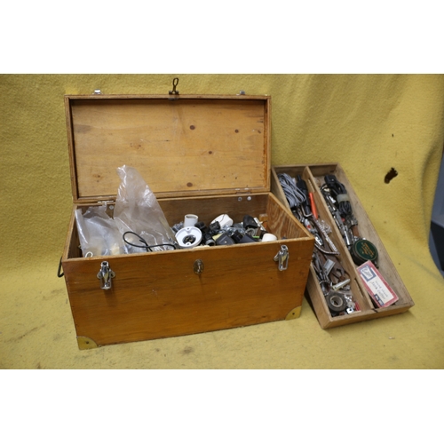 531 - Vintage Wooden Box with Tools and Electrical Bits