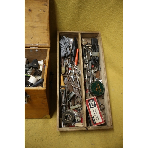 531 - Vintage Wooden Box with Tools and Electrical Bits